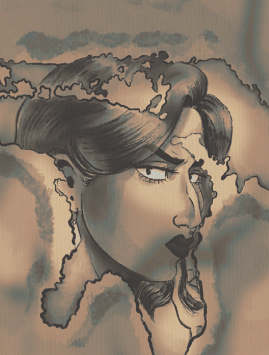 A stylized illustration of a woman's face with a serious expression, with her hair and facial features blending into abstract clouds and shapes.