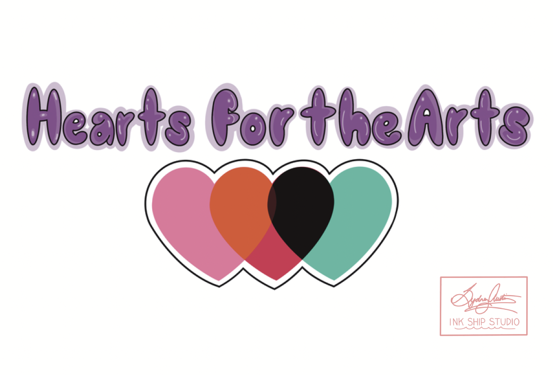 The image features the text "Hearts for the Arts" in purple at the top, with four overlapping hearts below in pink, orange, black, and teal, and a pink signature logo with the words "INK SHIP STUDIO" in red at the bottom right corner.