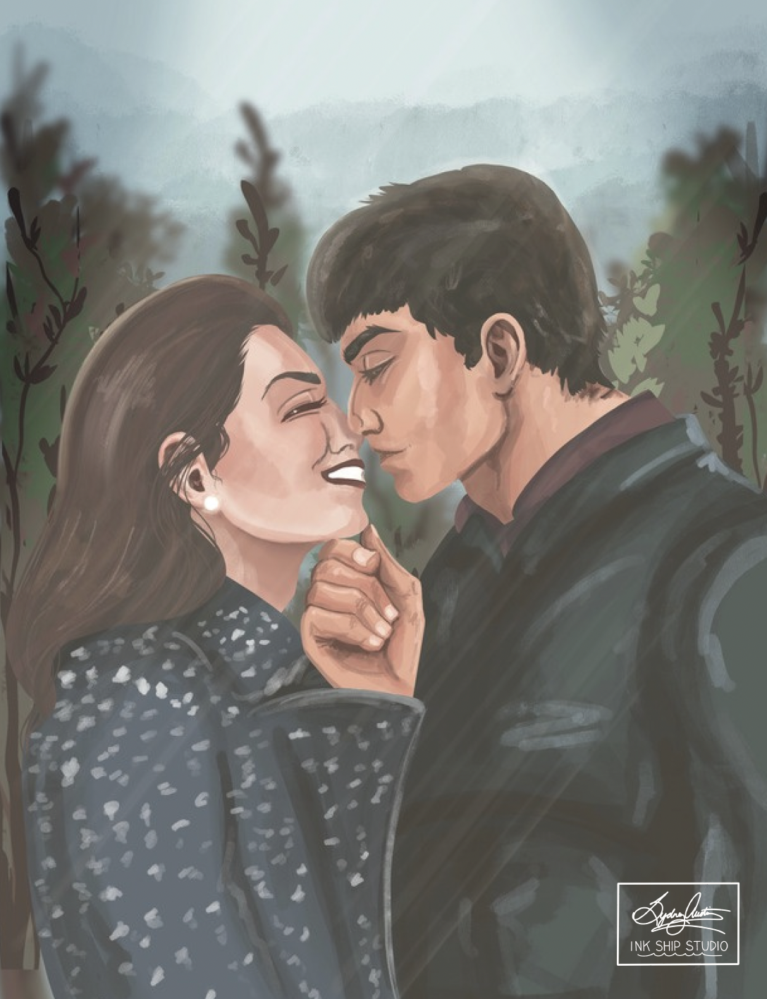 Illustration of an affectionate couple against a forest background.