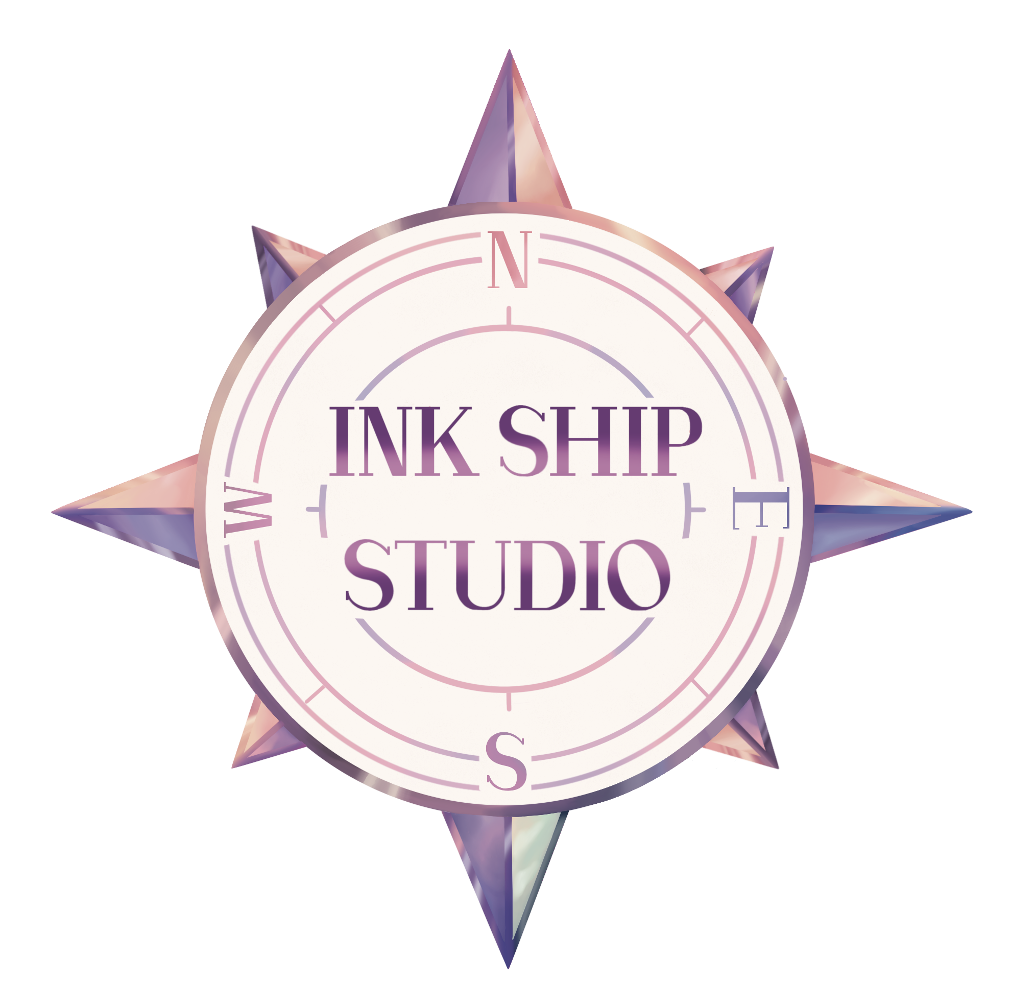 A compass rose graphic with pastel pink and purple colors, in the center with the words 'INK SHIP STUDIO' and cardinal directions marked N, S, E, W.