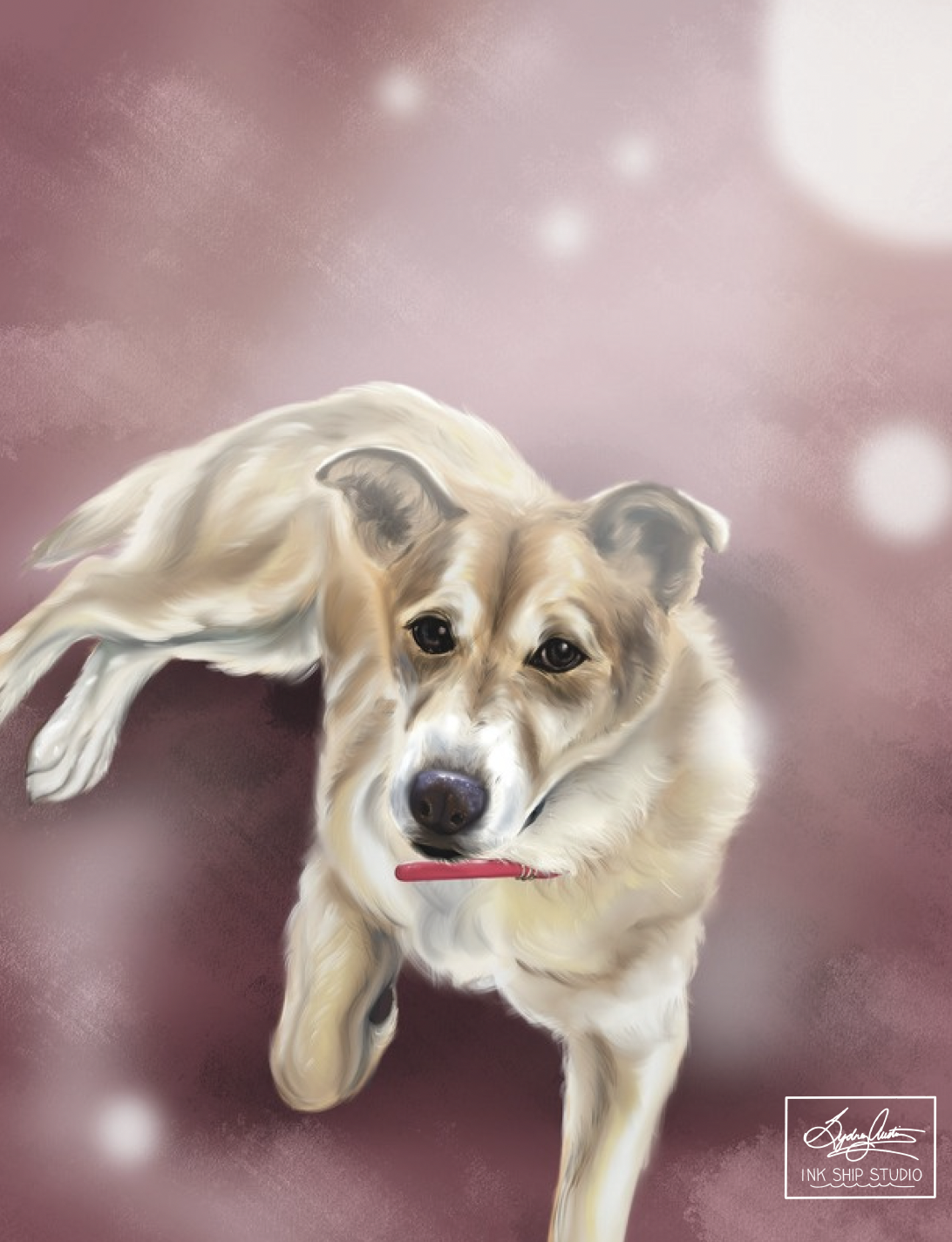 Illustration of a lab dog against a mauve background.