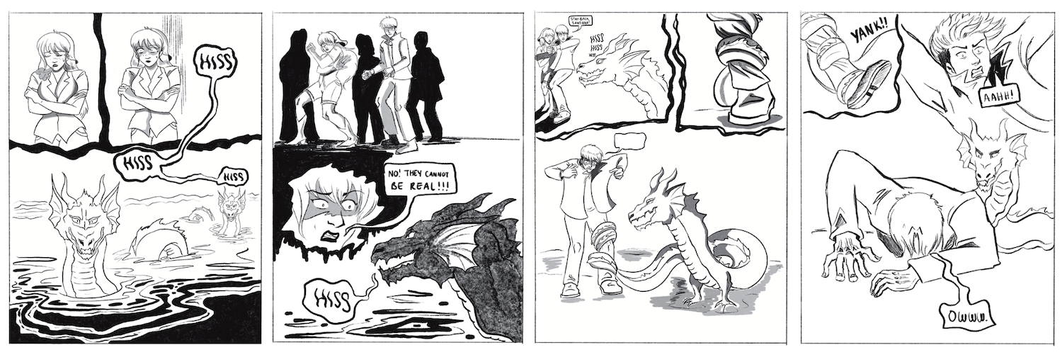 Comic strip depicting a scene with two women, a dragon, and a person. The first panel shows the women kissing and a dragon emerging from water. The second panel has a woman yelling that the dragon cannot be real as it appears to threaten. The third panel shows a person fighting or taming the dragon, which then breathes fire. The final panel depicts the person falling, injured, while the dragon looks on.