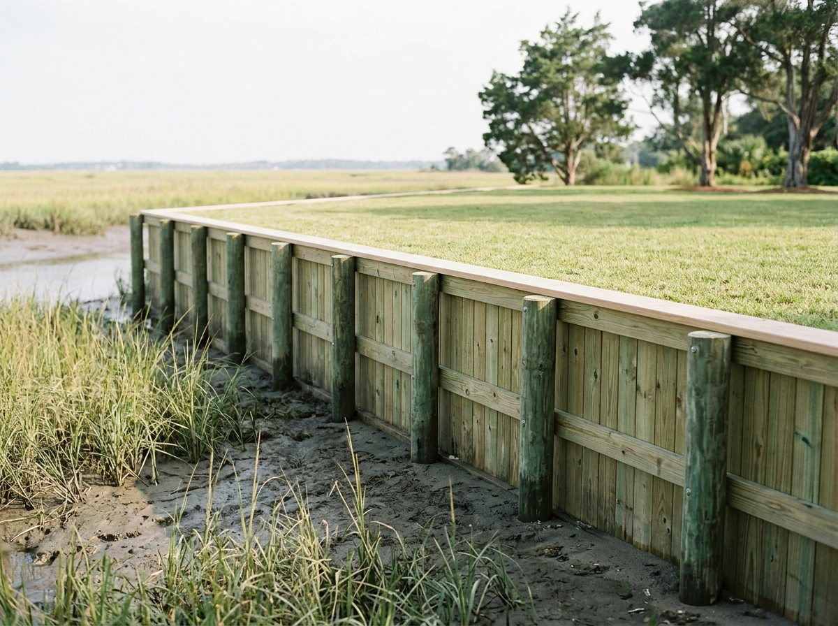 A wooden boardwalk along a grassy shoreline with trees in the background.