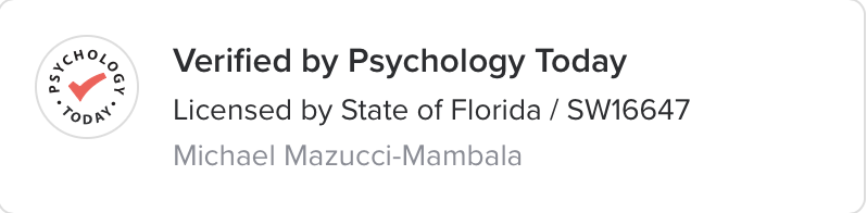 Psychology Today verification badge and license information for Michael Mazucci-Mambala.
