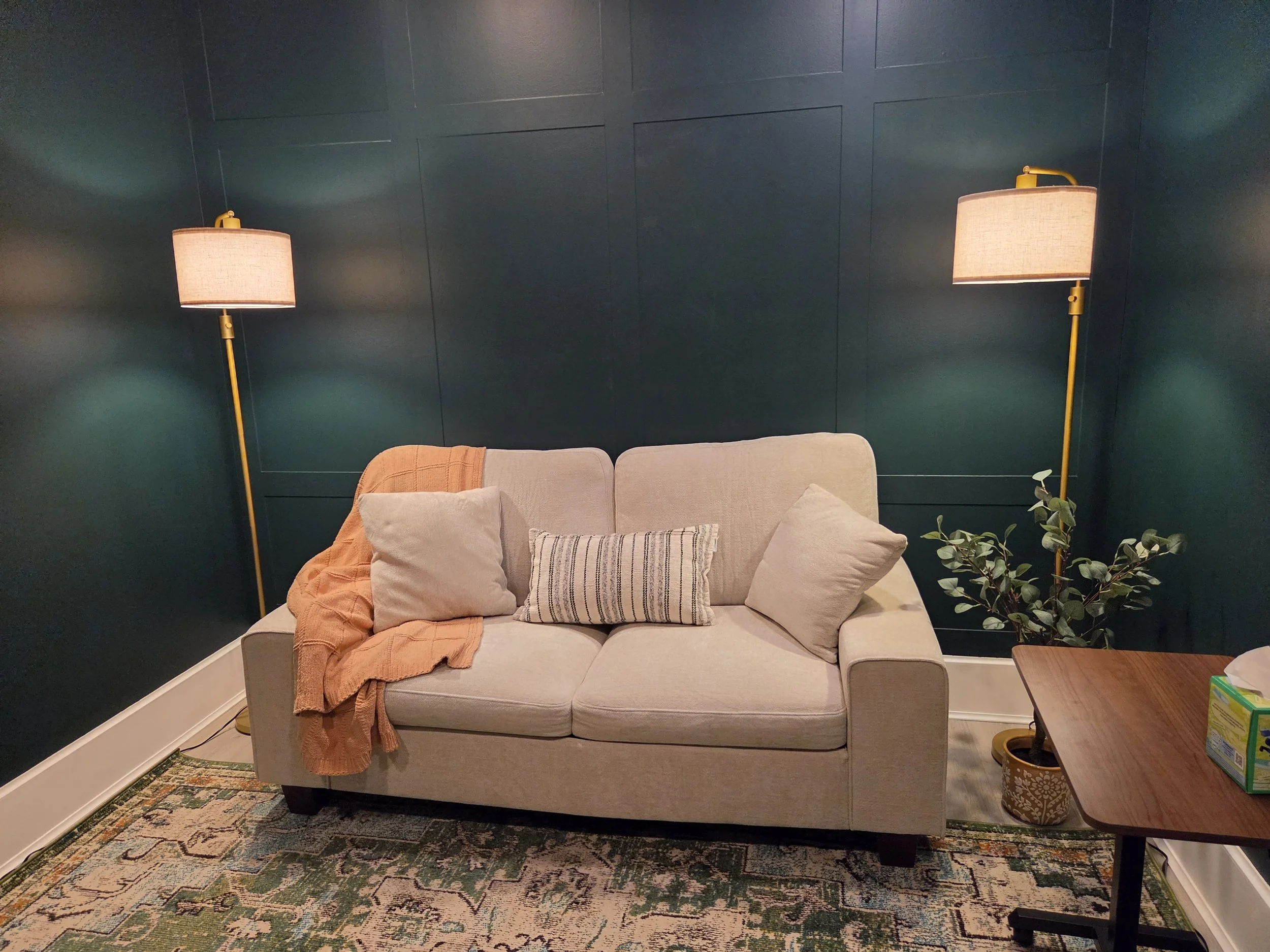 Living room with dark blue wall, beige sofa with pillows, orange blanket, floor lamp with beige shade, wooden table, potted plant, and patterned rug.