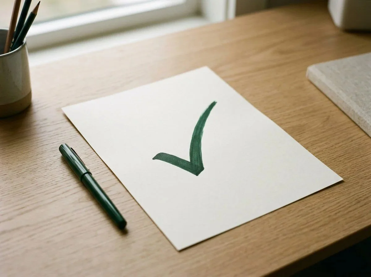 Checkmark on a notepad on a desk, licensed therapist careers at High Rise Therapy in Kyle, TX