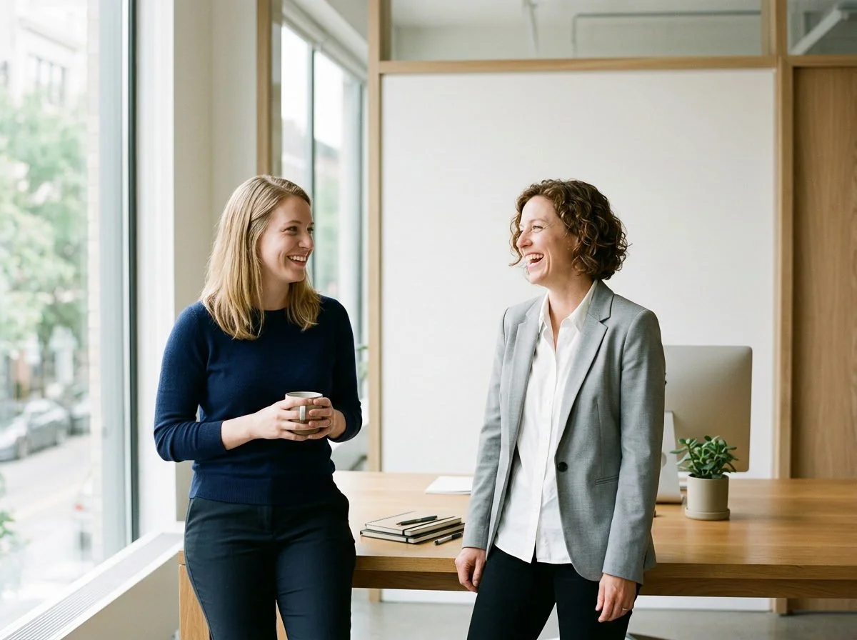 Two women laughing together in a bright office, trauma therapy in Kyle, TX