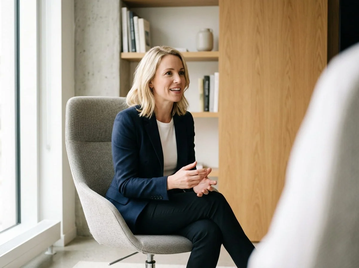 Therapist in an armchair talking with a client during anxiety therapy in Kyle, TX