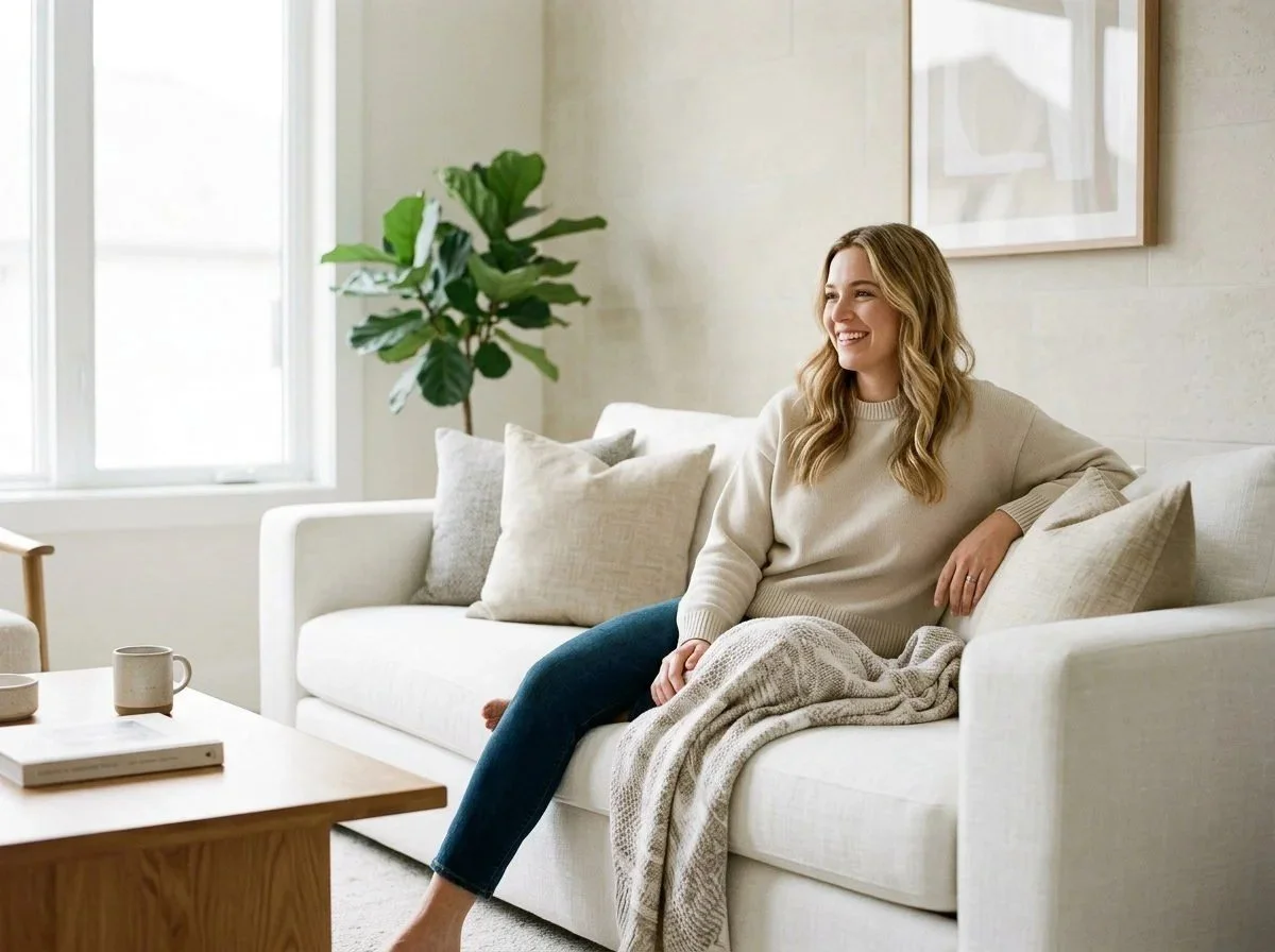 Bright therapy room with a white couch and plant, anxiety therapy in Kyle, TX