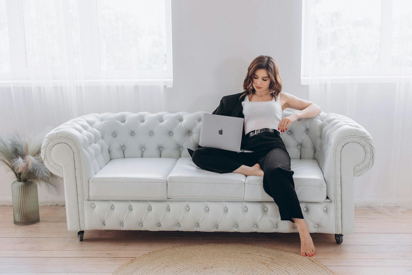 Calm woman practicing breathing skills from online anxiety therapy in Kyle, TX