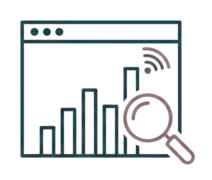 Computer screen displaying a bar graph, stereo wave icon, and a magnifying glass highlighting part of the data.