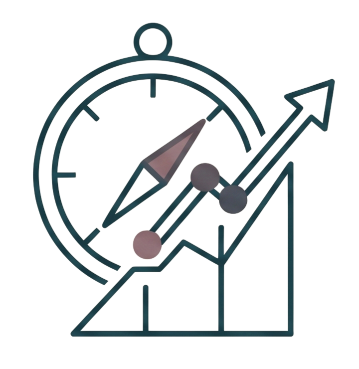 A line graph with an upward trend, a clock with its hands pointing to 10:10, symbolizing time and growth, combined with a speedometer gauge indicating performance or progress.