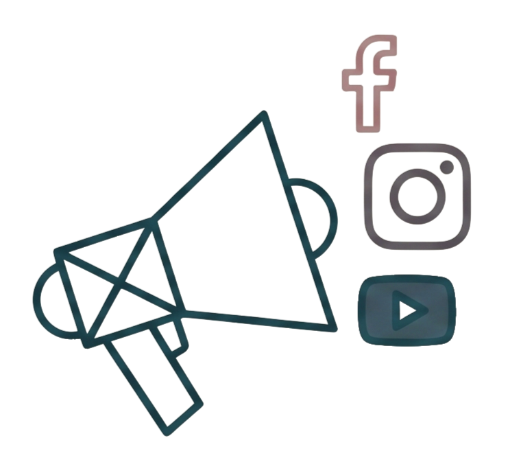 Line art illustration of a megaphone with social media icons for Facebook, Instagram, and YouTube.