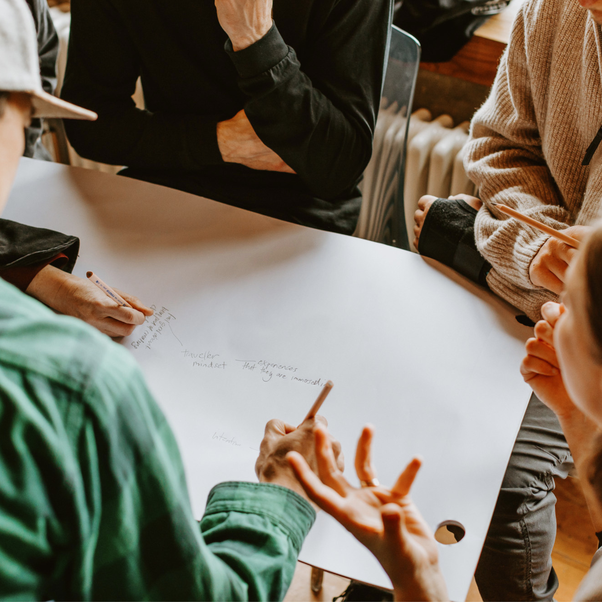 People sitting around a table, engaging in a discussion or collaborative work. Focus on hands and arms, with some writing and discussion notes visible on paper.