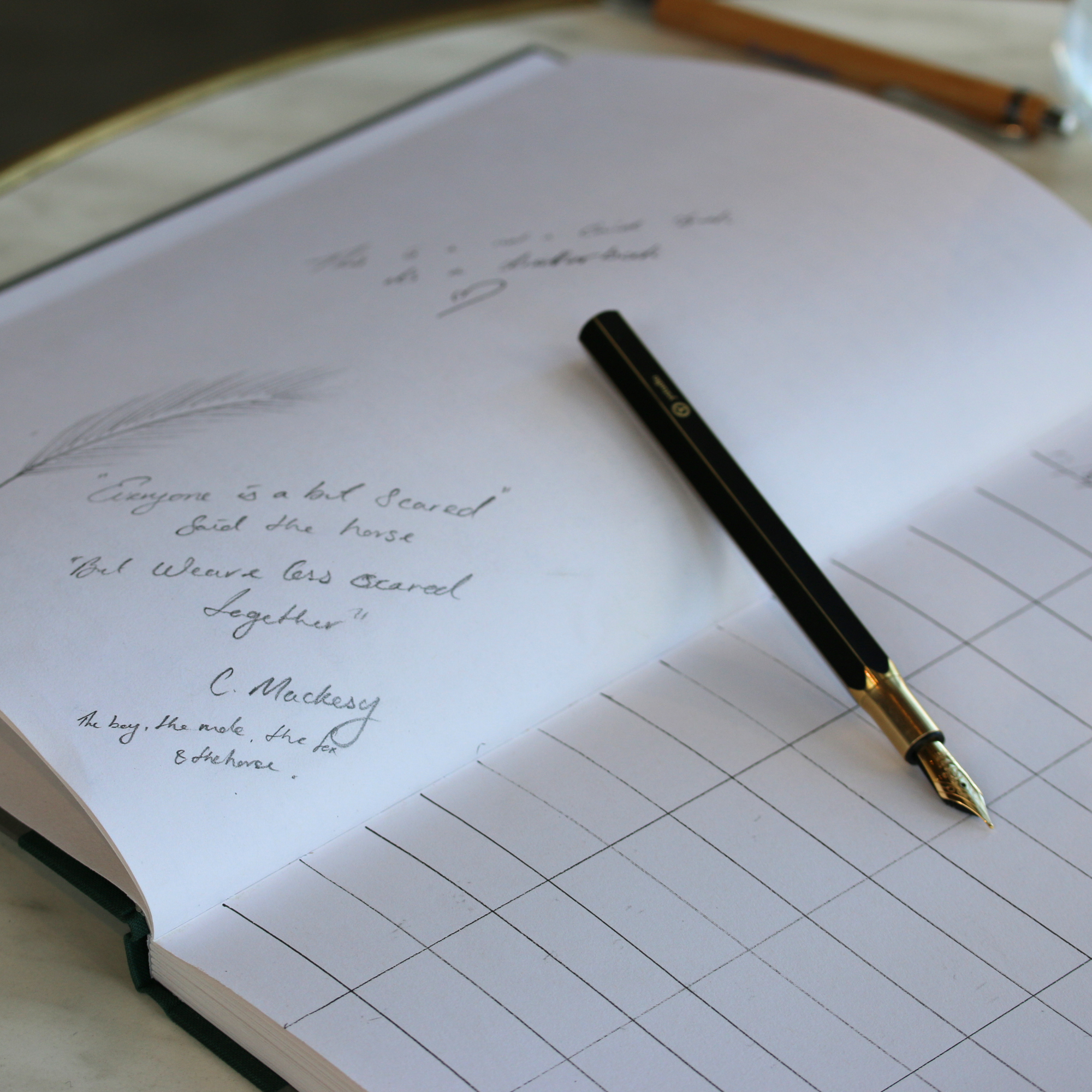Close-up of a notebook open to pages with handwritten notes, a black pen resting on the page, and a partially visible pencil in the background.