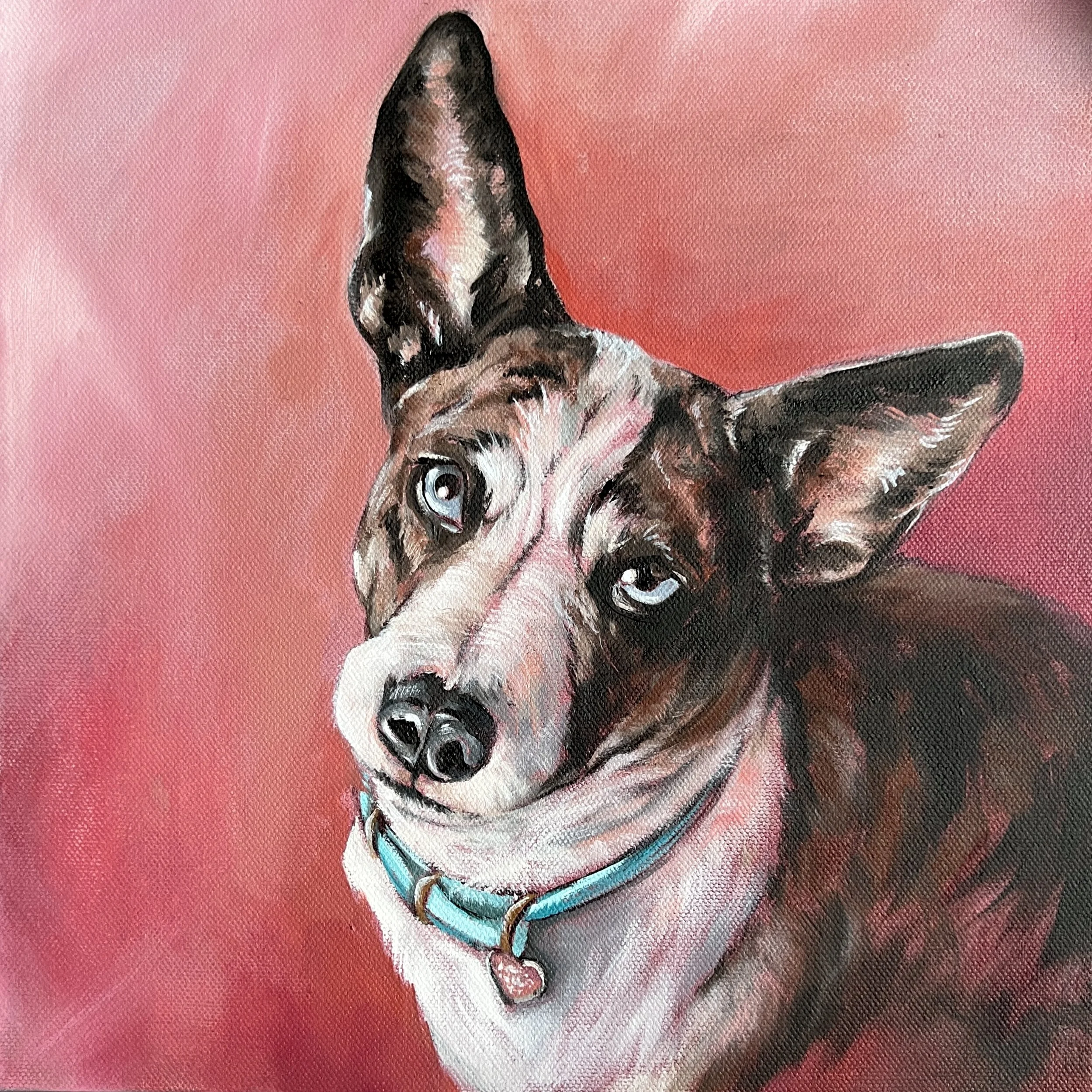 Close-up painting of a French Bulldog with a pink background.