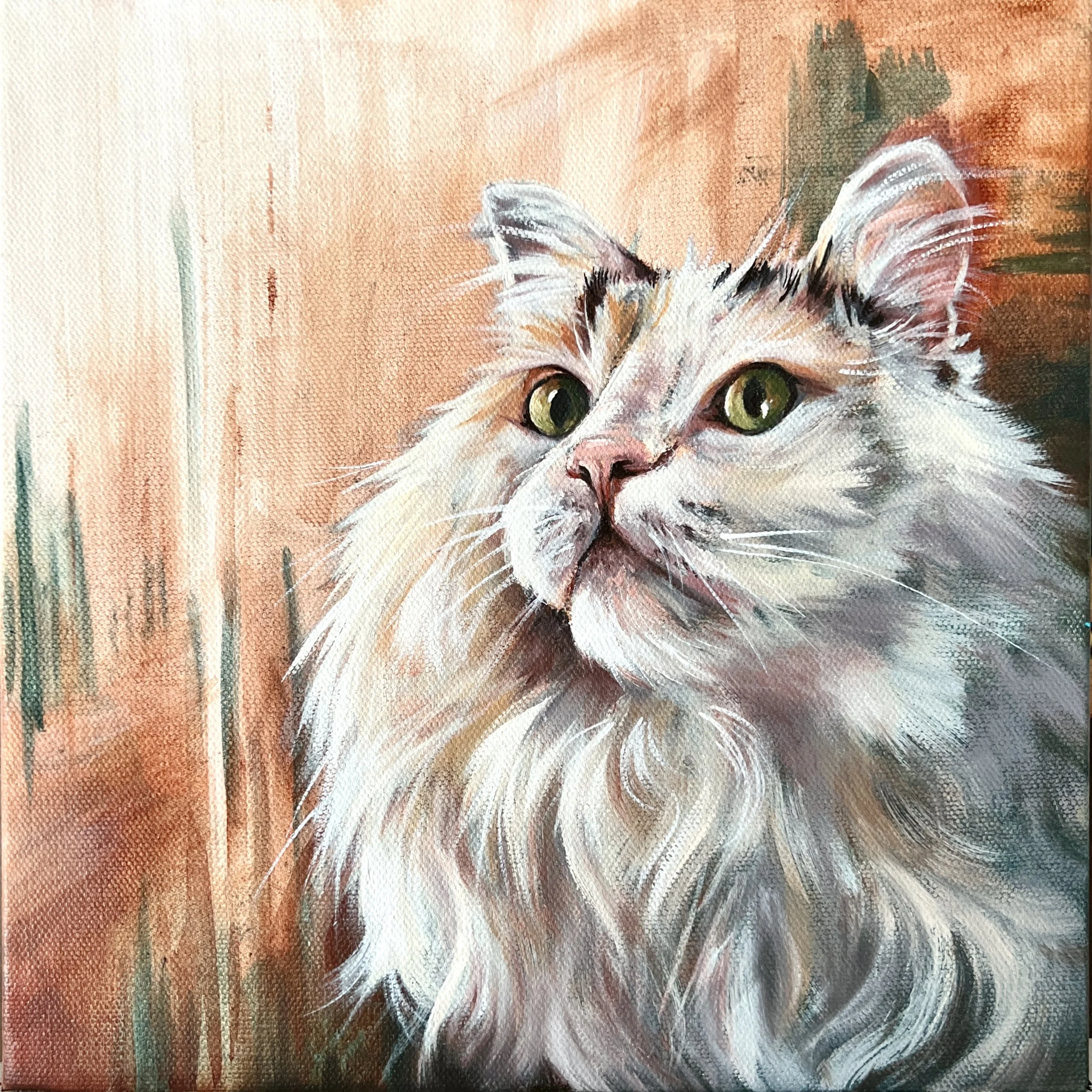 A painting of a kitten with green eyes, white and gray fur, against a warm orange background.