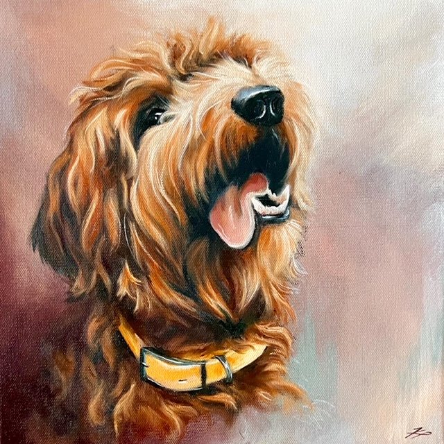 Painting of a happy golden retriever dog with a yellow collar, tongue out, against a neutral background.