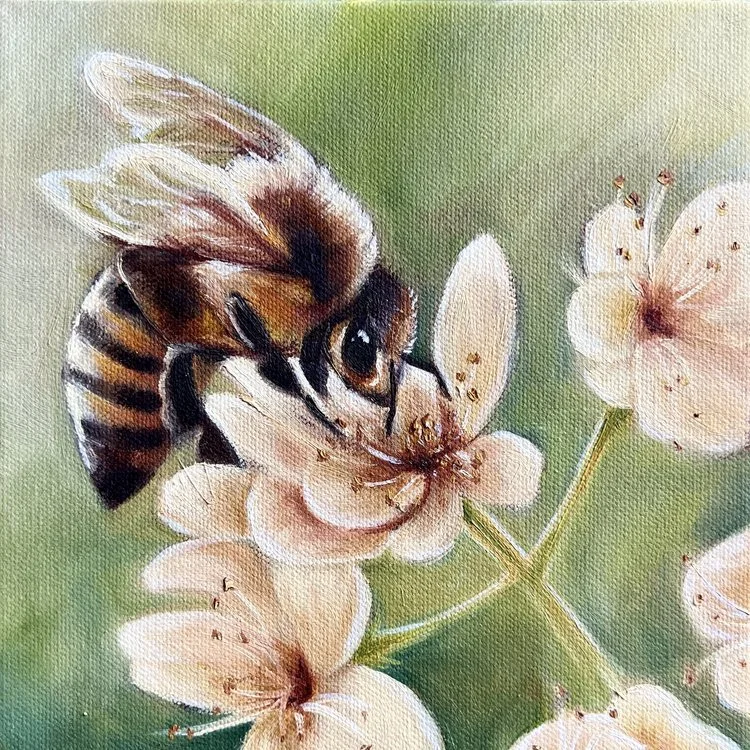A honeybee collecting nectar from a cluster of pale pink flowers with green blurred background.