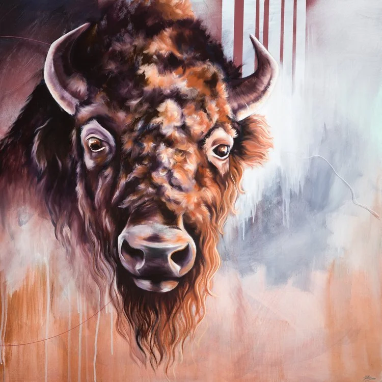 A painting of a bison with a detailed face, curved horns, and a thick mane, against an abstract background with warm colors.