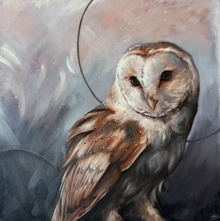 Painting of an owl with detailed brown and white feathers, against a soft, abstract background.