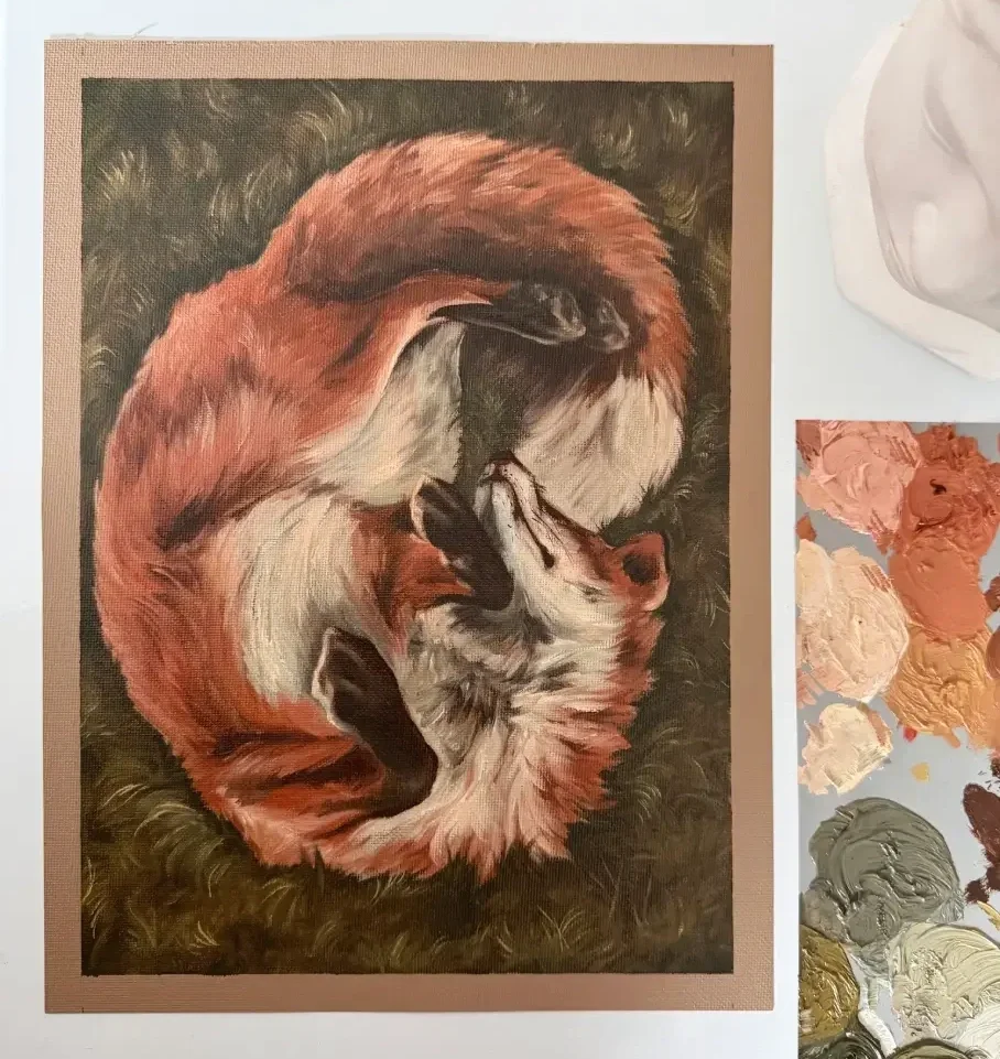 Painting of a curled-up fox resting on a dark background.