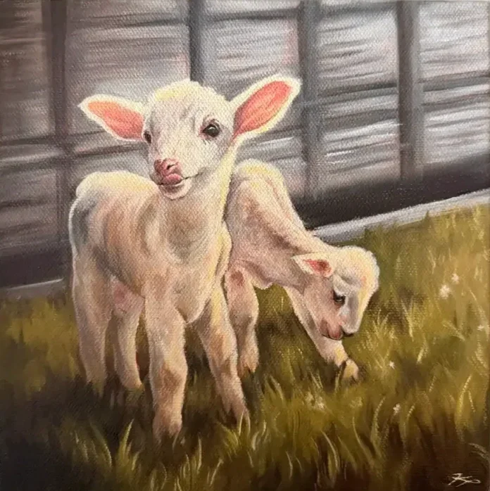Painting of two baby goats standing on grassy ground inside a barn or shed.