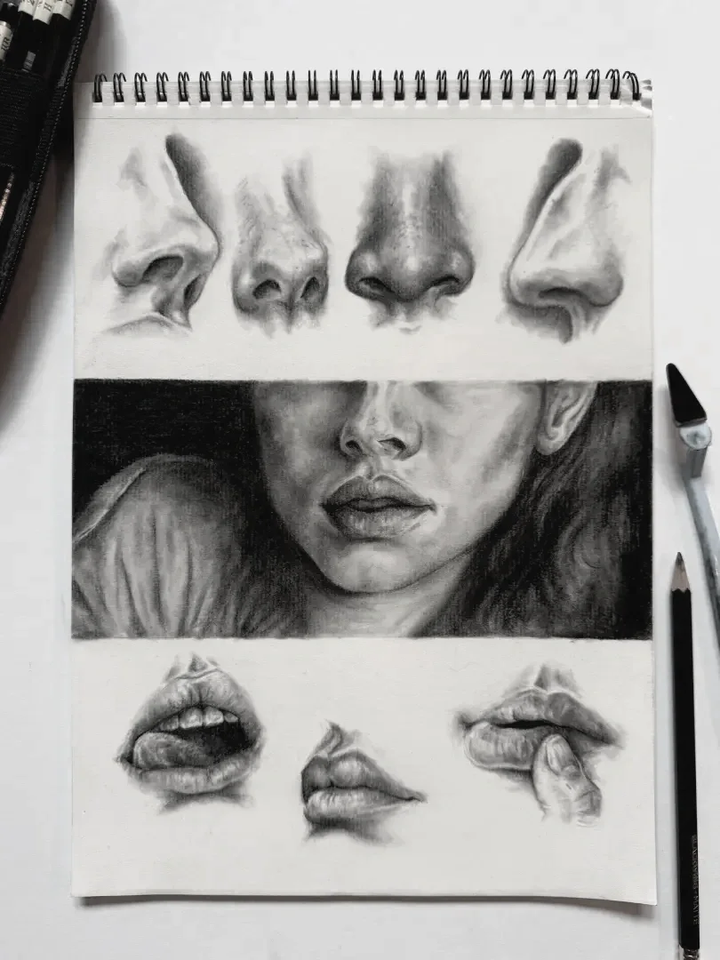 Sketch of various nose and lip close-ups and a detailed portrait of a woman's face in black and white.