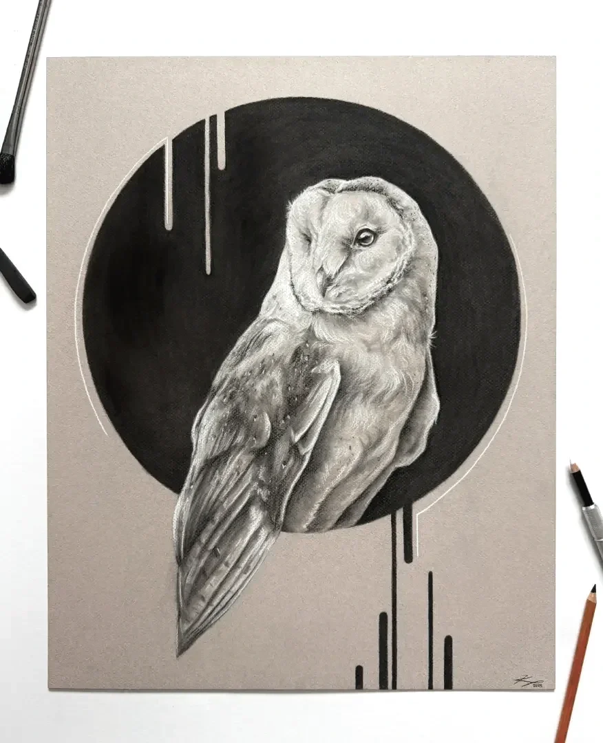 A detailed black and white drawing of an owl with a patch on one eye, perched with its head slightly tilted to the side, against a dark circular background with white and black streaks.