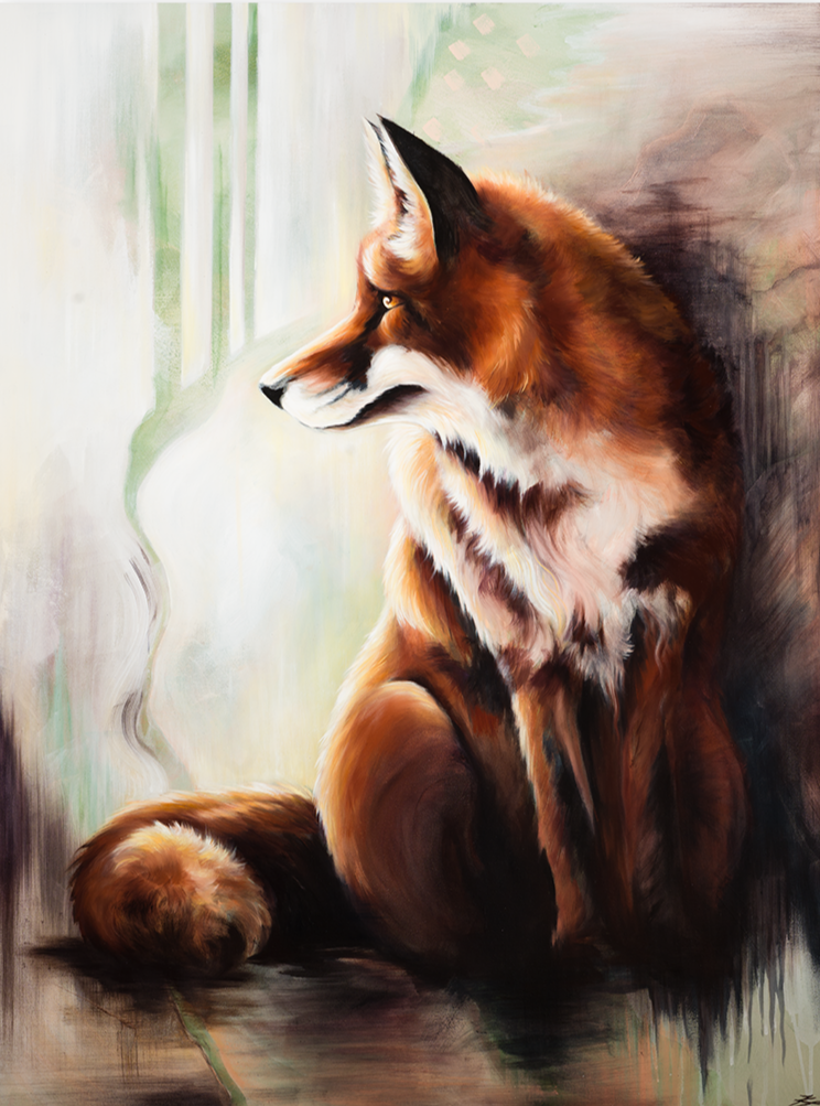 A realistic painting of a sitting fox with orange and white fur, looking out the window, with a dark background and soft green and purple accents.