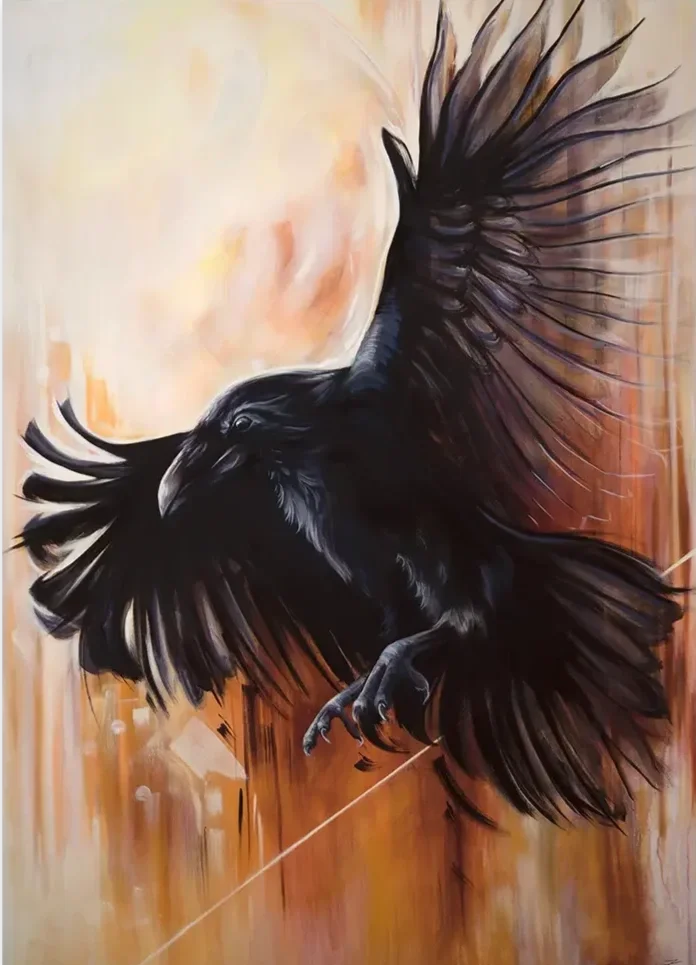 A painting of a black bird, possibly a crow or raven, with its wings spread wide, perched on a thin branch, with a bright orange and yellow background resembling a sunset or sunrise.