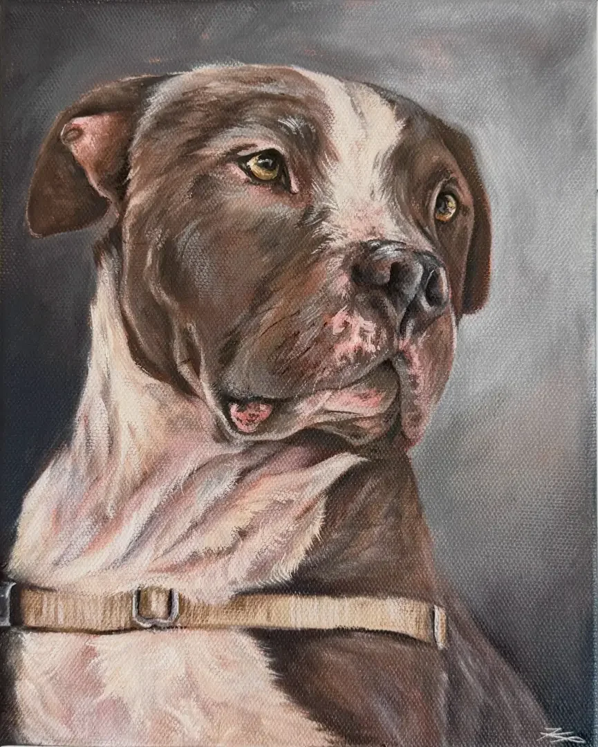 A realistic painting of a pit bull dog with a tan collar, looking to the side against a gray background.