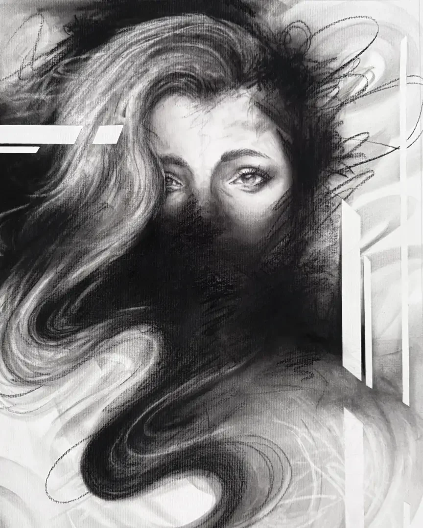 Black and white portrait of a woman's face with long, flowing hair, partially obscured by dark strokes and shading, with prominent eyes and eyebrows.