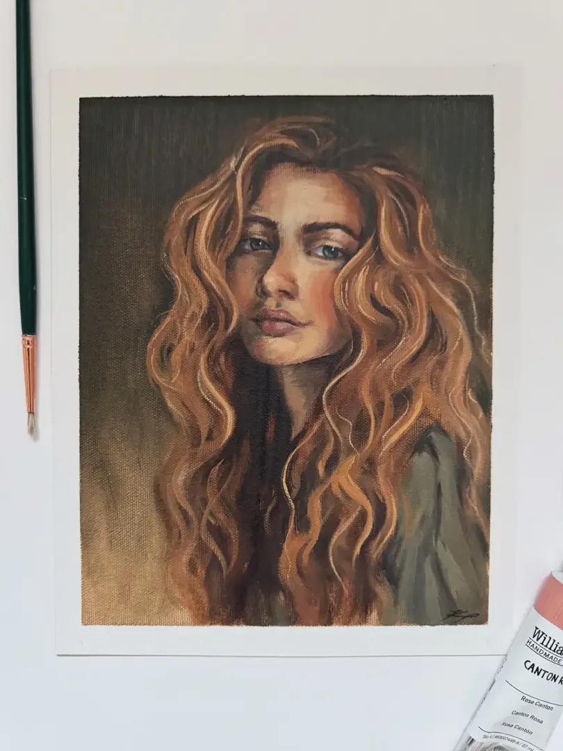 A realistic portrait of a woman with long, wavy, red hair, wearing a neutral-colored shirt, against a dark background.