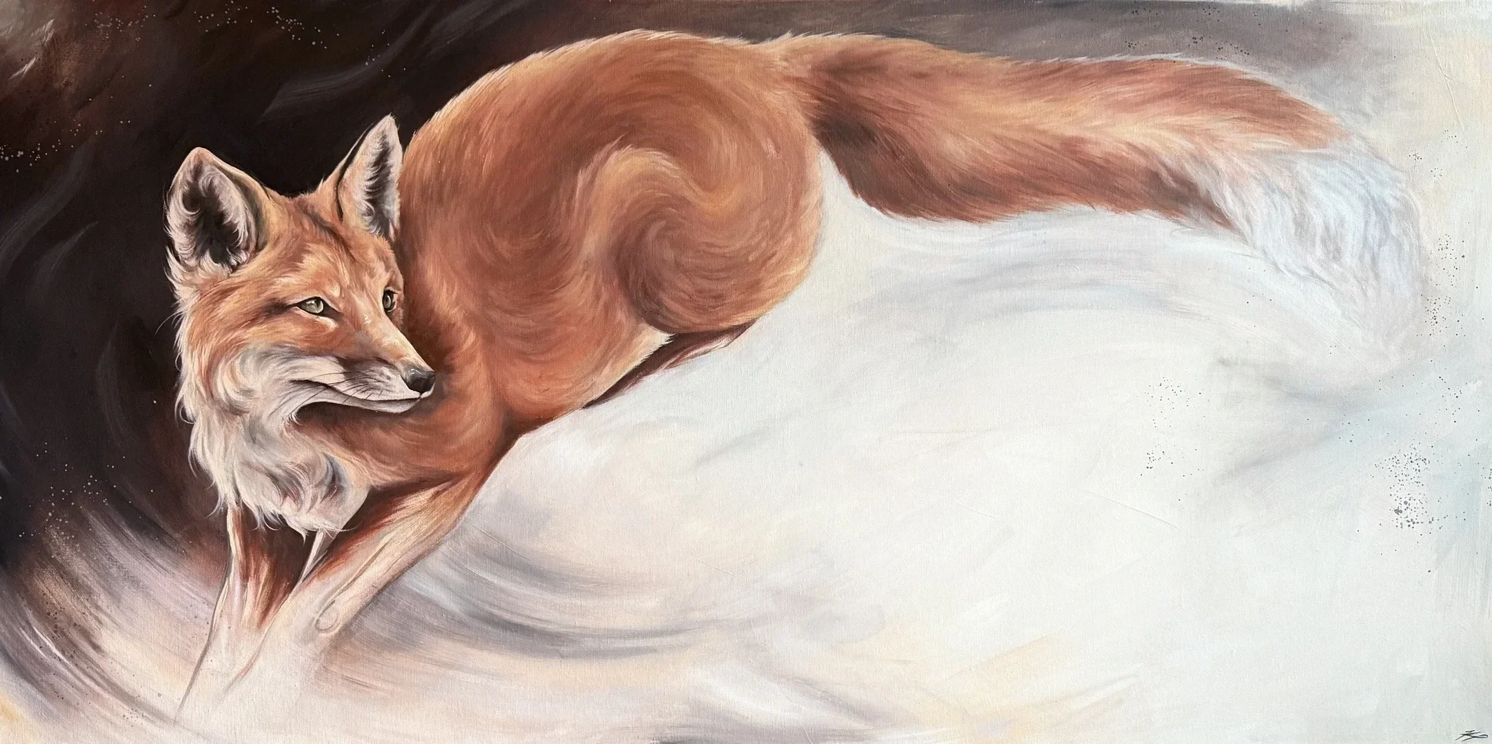 Painting of a fox with reddish fur, pointy ears, and white details on its face and chest, depicted in a dynamic pose on a swirling black, brown, and white background.