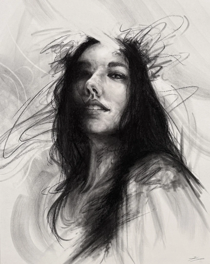 A black and white sketch of a woman with long dark hair, smiling with a slightly tilted head, with swirling lines around her head in the background.