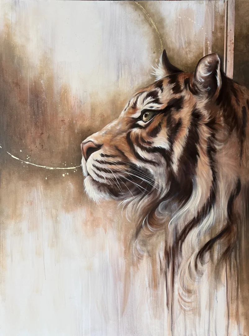 A painting of a tiger with detailed fur, looking to the left, set against a textured beige and brown background.