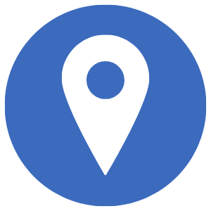 A blue map pin icon on a blue circular background.