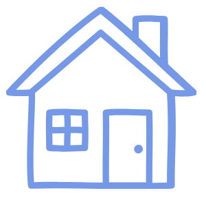 A simple, blue, line drawing of a house with a gabled roof, a chimney, a window, and a front door.