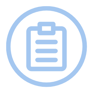 Icon of a clipboard with a checklist or document on it, outlined in light blue on a dark background.