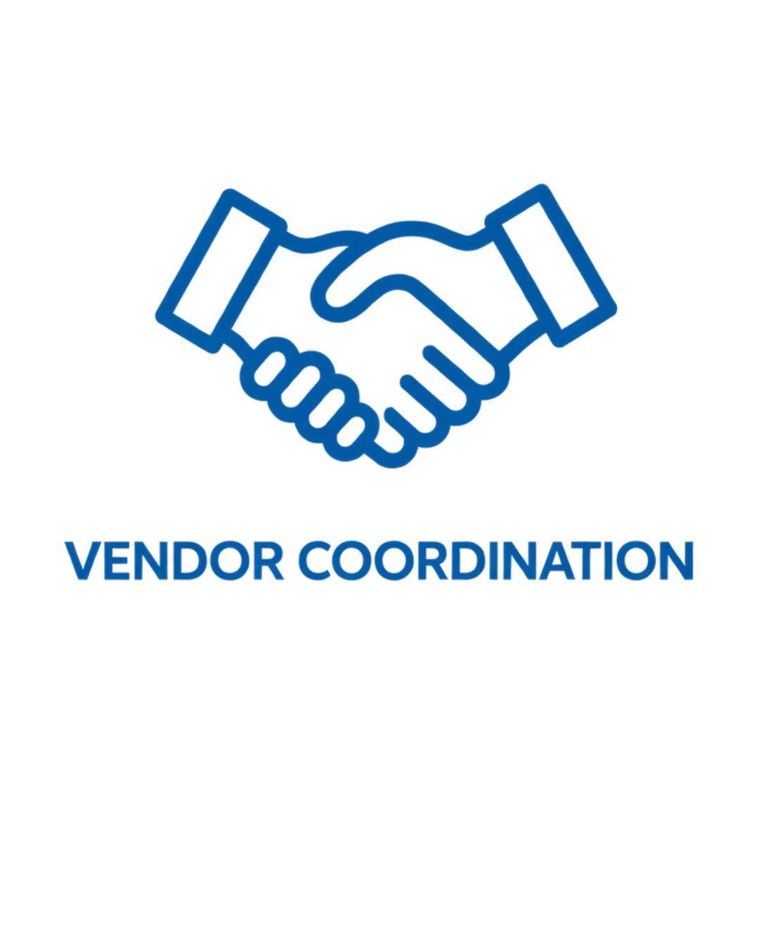 Blue outline icon of two hands shaking with the text 'VENDOR COORDINATION' below.