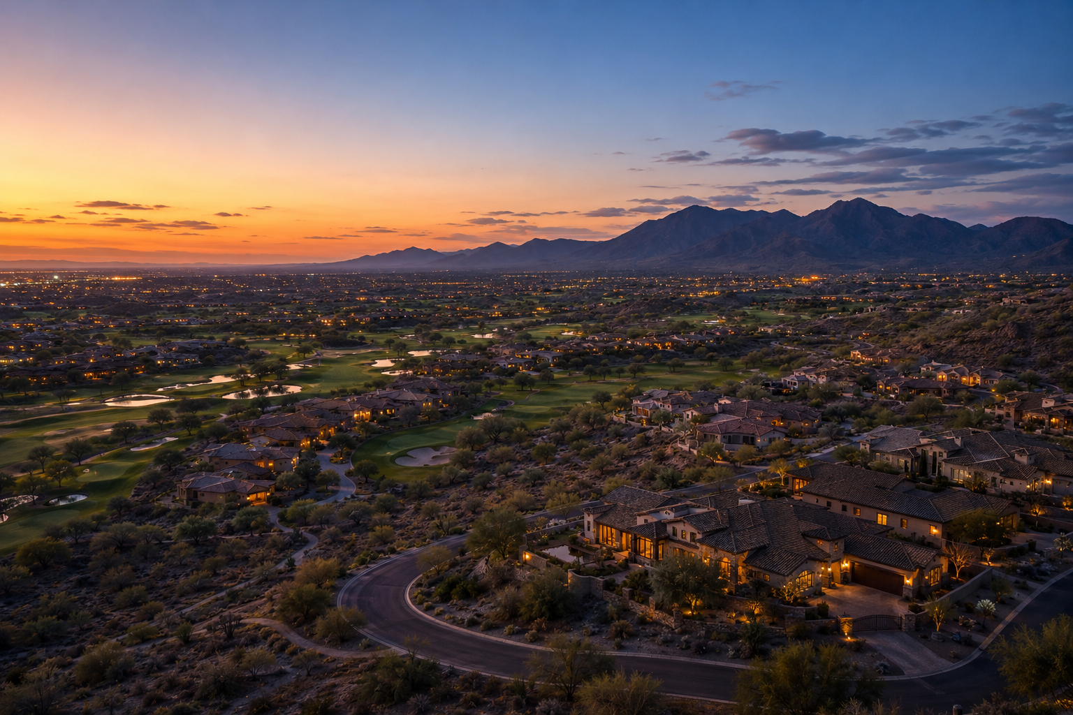 Aerial view of a residential area and golf course at sunset with mountains in the background.