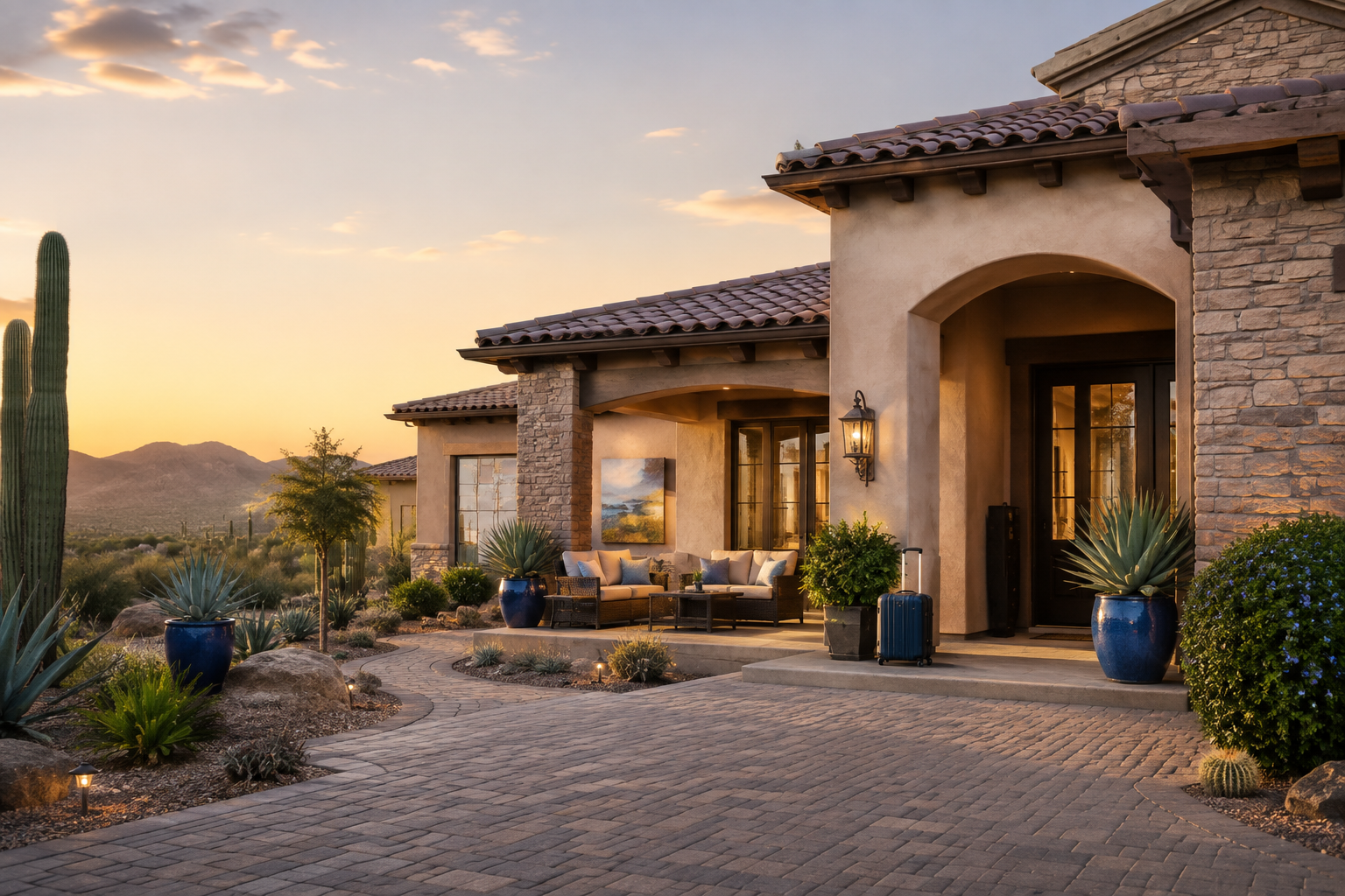 A desert-style house with a stone and stucco exterior, a tiled roof, and a front porch with outdoor seating at sunset, surrounded by desert plants and mountains in the background.