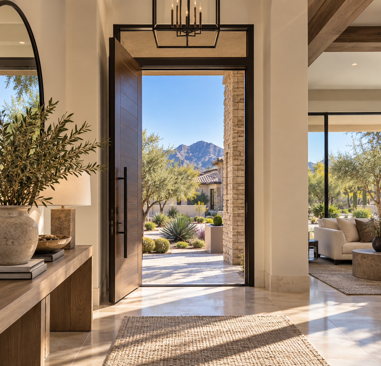 Open front door of a modern house, view of desert landscape with mountains, trees, and a clear blue sky outside.