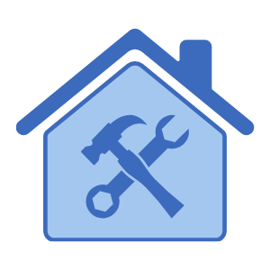Icon of a house with a hammer and wrench inside, representing home repair or maintenance.