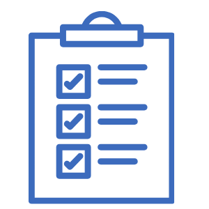 Icon of a clipboard with checkmarks on a blue background.