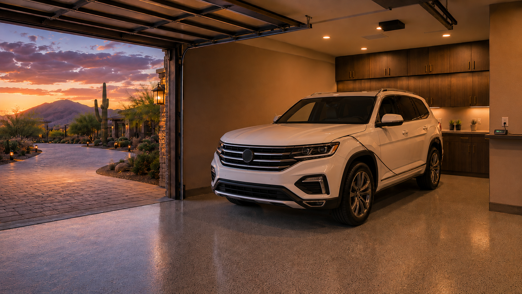 A white SUV parked inside a garage with the garage door open, revealing a desert landscape with cacti and mountains during sunset.
