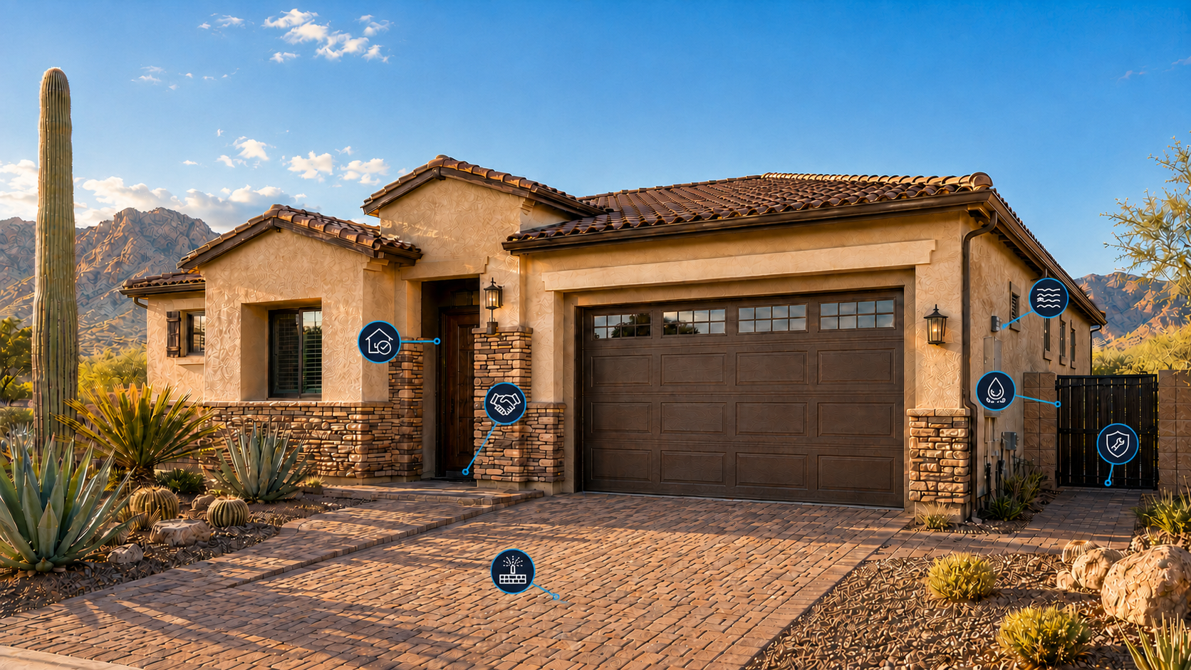 Modern house with desert landscaping, including cacti and succulents, in a desert setting with mountains and a blue sky in the background. The house features a brown garage door, stone accents, and outdoor lighting.