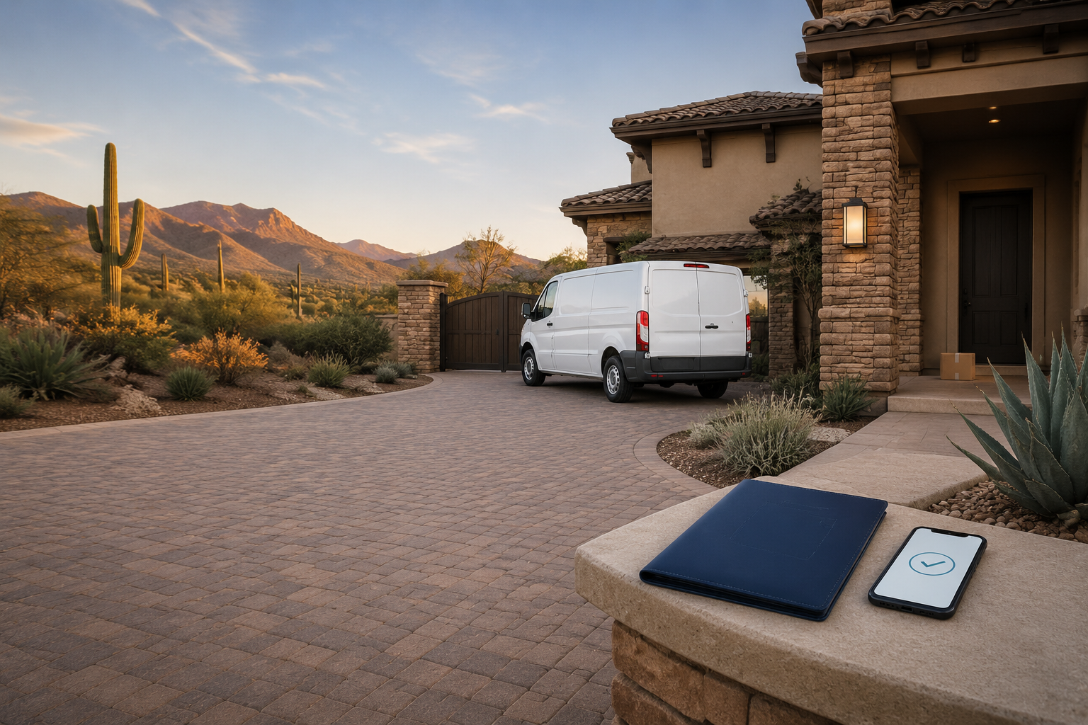 A white delivery van parked in the driveway of a desert-style house with mountains in the background, a blue notebook, and a smartphone with a checkmark screen on a stone ledge in the foreground.