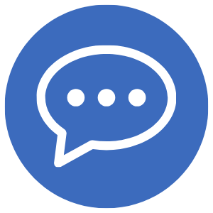 A blue circular icon with a white speech bubble containing three dots, representing a chat or messaging feature.